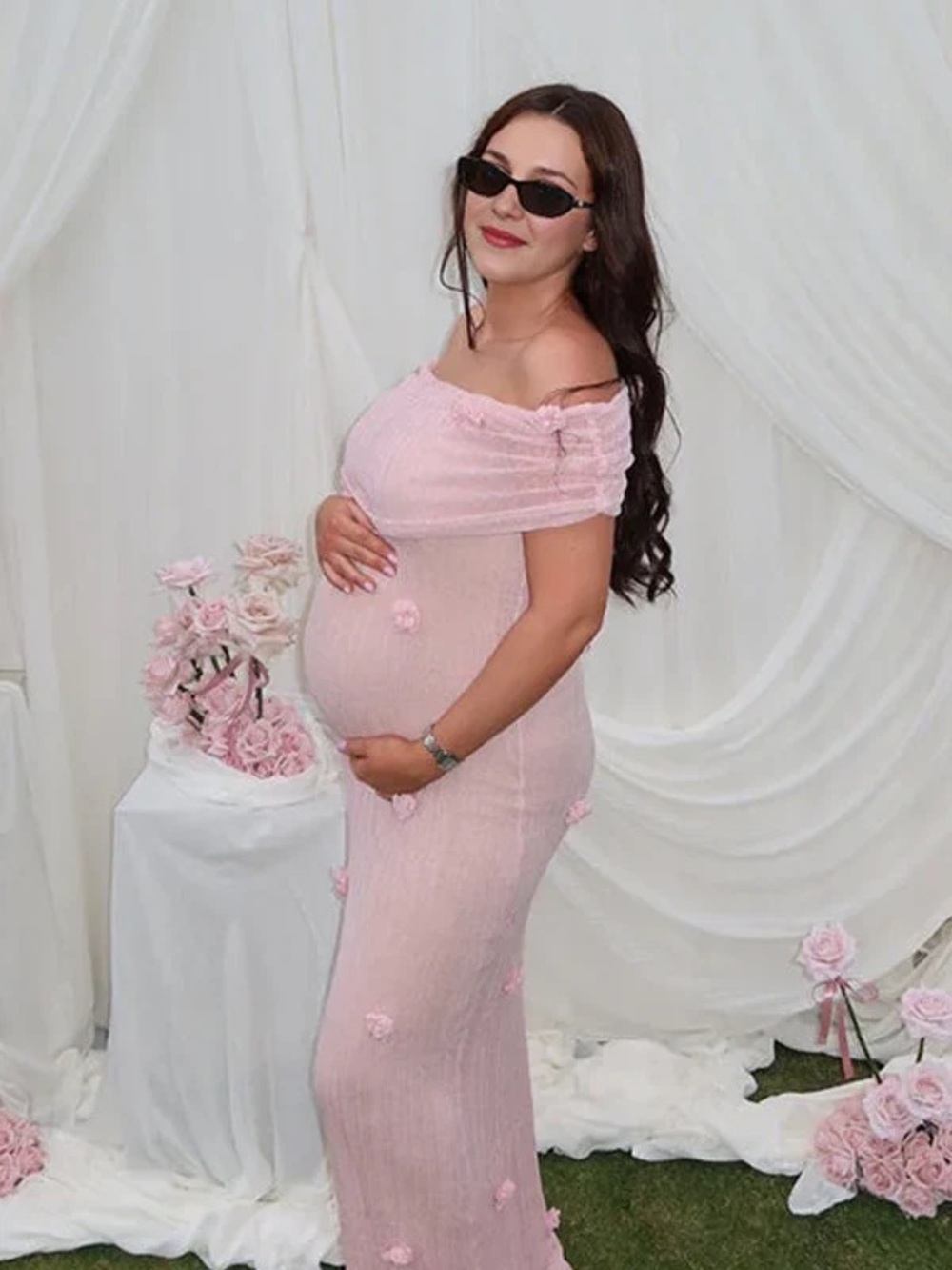 Off-Shoulder Blush Pink Maternity Maxi Dress